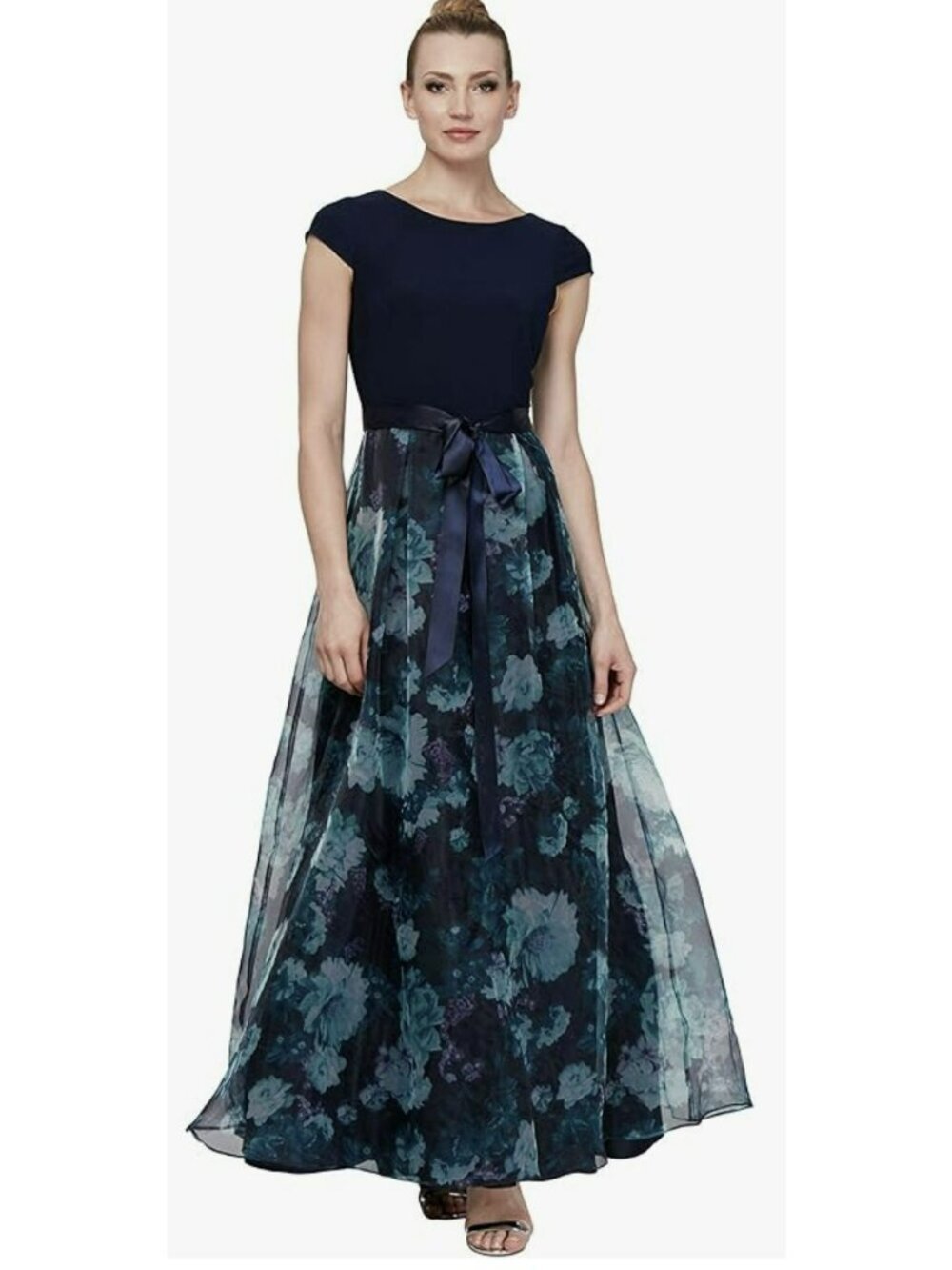 SLNY Floral Organza Skirt Formal Gown Maxi Dress Navy Size 14 NWT